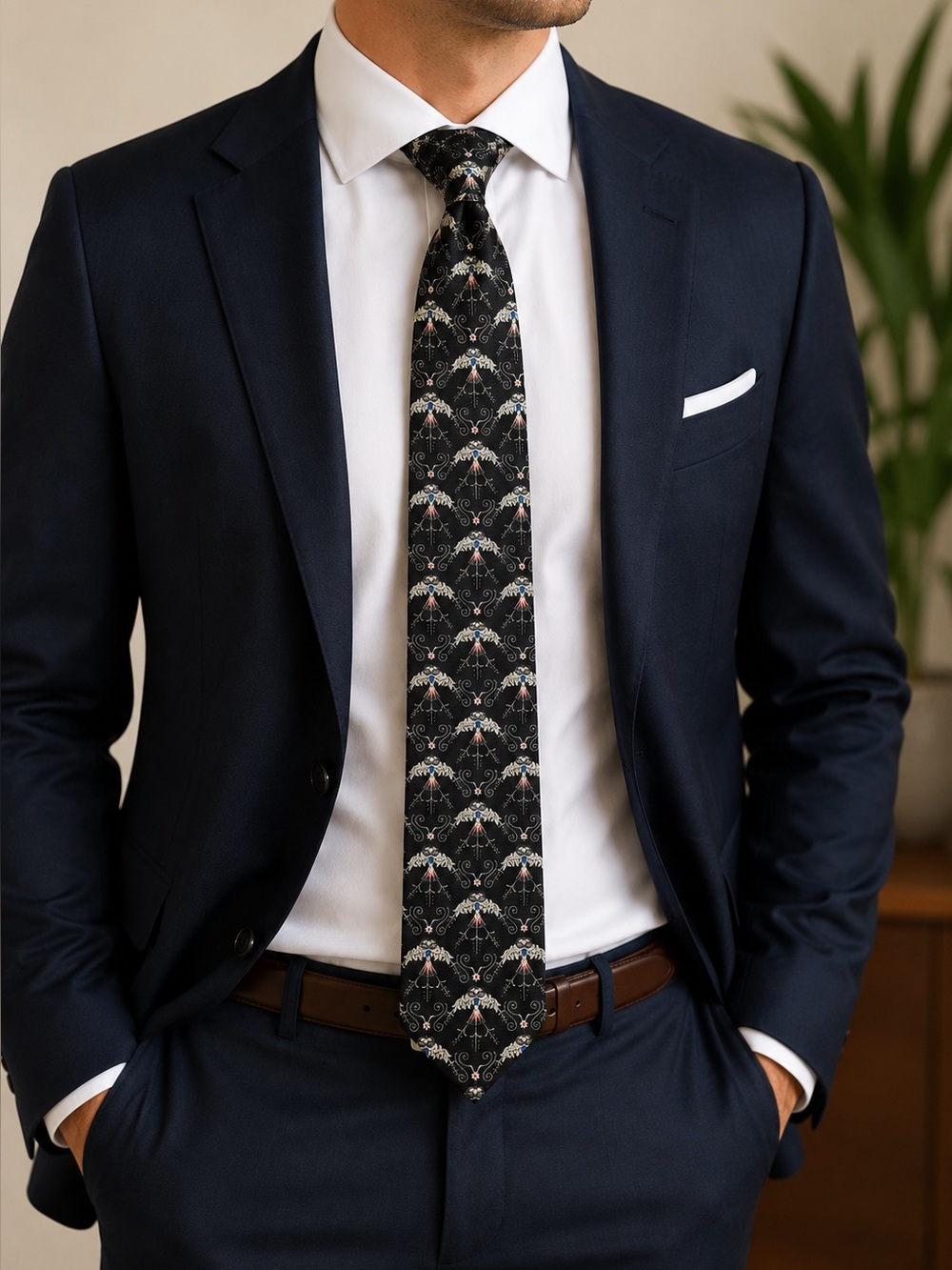Robert Talbott Black Silk Tie with Ivory and Blue Accents
